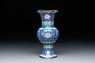 A Chinese Canton enamel blue-ground quadrifoil vase, Jiaqing