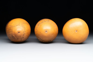 Six Chinese gourd cricket cages and seven carved gourds, 20th C.