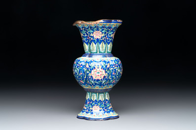 A Chinese Canton enamel blue-ground quadrifoil vase, Jiaqing