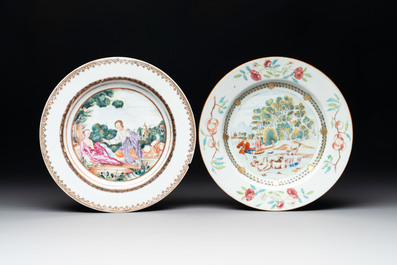 A Chinese famille rose plate depicting a scene from a fable by La Fontaine and a 'Shepherds' plate, Qianlong
