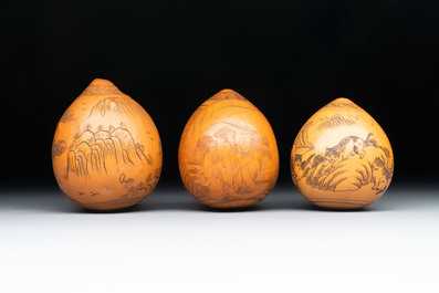Six Chinese gourd cricket cages and seven carved gourds, 20th C.