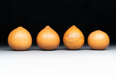 Six Chinese gourd cricket cages and seven carved gourds, 20th C.