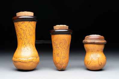 Six Chinese gourd cricket cages and seven carved gourds, 20th C.