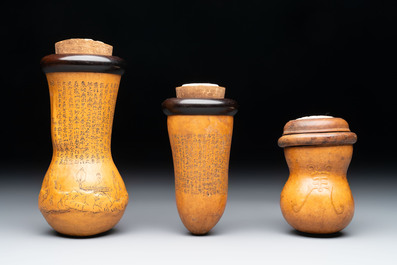 Six Chinese gourd cricket cages and seven carved gourds, 20th C.