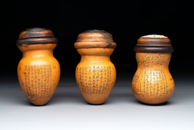 Six Chinese gourd cricket cages and seven carved gourds, 20th C.