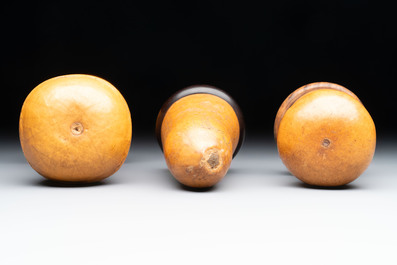 Six Chinese gourd cricket cages and seven carved gourds, 20th C.
