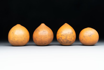 Six Chinese gourd cricket cages and seven carved gourds, 20th C.