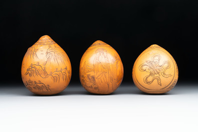 Six Chinese gourd cricket cages and seven carved gourds, 20th C.