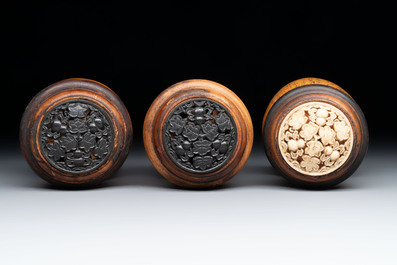 Six Chinese gourd cricket cages and seven carved gourds, 20th C.