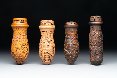Four Chinese carved wooden cricket cages, 20th C.