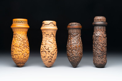 Four Chinese carved wooden cricket cages, 20th C.