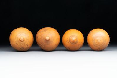 Six Chinese gourd cricket cages and seven carved gourds, 20th C.