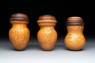 Six Chinese gourd cricket cages and seven carved gourds, 20th C.