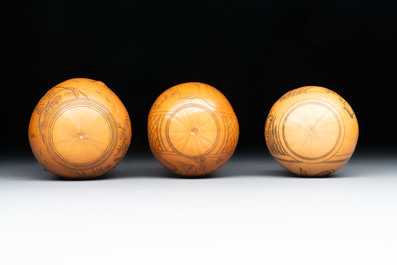 Six Chinese gourd cricket cages and seven carved gourds, 20th C.