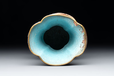 A Chinese Canton enamel blue-ground quadrifoil vase, Jiaqing