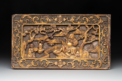 Six Chinese gilt and lacquered wooden panels, 19th C.