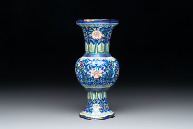 A Chinese Canton enamel blue-ground quadrifoil vase, Jiaqing