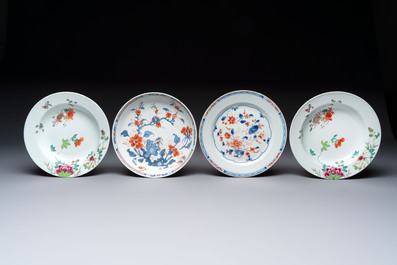 Eight Chinese famille rose, Imari-style, iron-red-decorated, blue and white plates, Kangxi and later