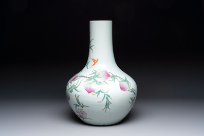 A Chinese famille rose 'nine peaches' 'tianqiuping' vase, Qianlong mark, 19/20th C.