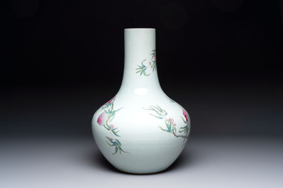 A Chinese famille rose 'nine peaches' 'tianqiuping' vase, Qianlong mark, 19/20th C.