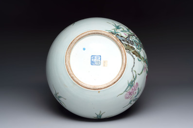 A Chinese famille rose 'nine peaches' 'tianqiuping' vase, Qianlong mark, 19/20th C.