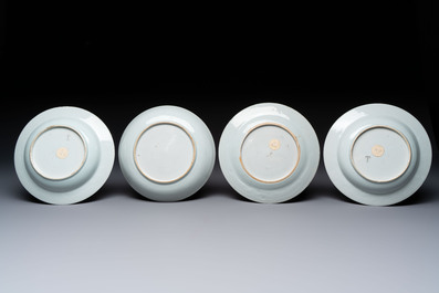 Eight Chinese famille rose, Imari-style, iron-red-decorated, blue and white plates, Kangxi and later