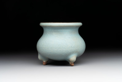 A small Chinese blue-glazed 'jun' tripod censer, Jin/Yuan