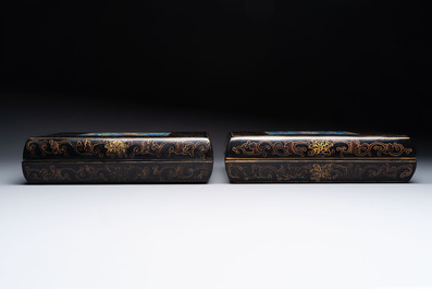 A large Chinese cloisonn&eacute; brush washer and a pair of cloisonn&eacute;-plaque-inlaid gilt-lacquered covered boxes, 20th C.
