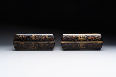 A large Chinese cloisonn&eacute; brush washer and a pair of cloisonn&eacute;-plaque-inlaid gilt-lacquered covered boxes, 20th C.