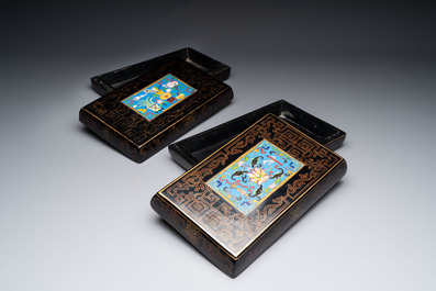 A large Chinese cloisonn&eacute; brush washer and a pair of cloisonn&eacute;-plaque-inlaid gilt-lacquered covered boxes, 20th C.