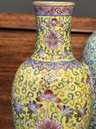 A Chinese famille rose conjoined vase with lotus scrolls, Qianlong mark, 19th C.