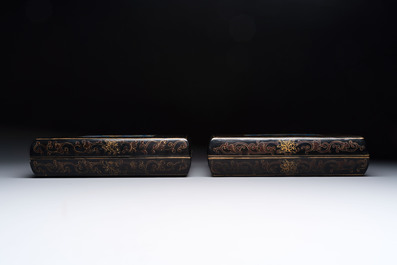 A large Chinese cloisonn&eacute; brush washer and a pair of cloisonn&eacute;-plaque-inlaid gilt-lacquered covered boxes, 20th C.
