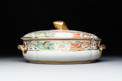 A Chinese Canton famille rose 'JFCB' monogrammed tureen and cover with narrative design, 19th C.