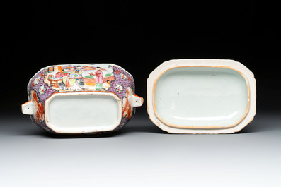 A pair of Chinese Canton famille rose 'mandarin subject' covered tureens and stands and a vase, Qianlong