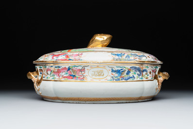 A Chinese Canton famille rose 'JFCB' monogrammed tureen and cover with narrative design, 19th C.