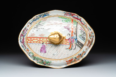 A Chinese Canton famille rose 'JFCB' monogrammed tureen and cover with narrative design, 19th C.