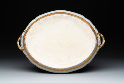 A Chinese Canton famille rose 'JFCB' monogrammed tureen and cover with narrative design, 19th C.
