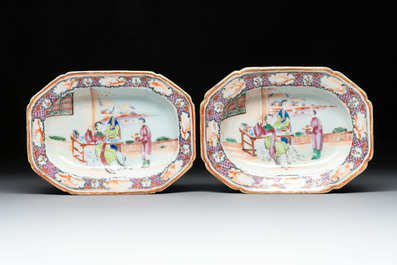 A pair of Chinese Canton famille rose 'mandarin subject' covered tureens and stands and a vase, Qianlong