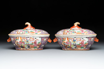 A pair of Chinese Canton famille rose 'mandarin subject' covered tureens and stands and a vase, Qianlong