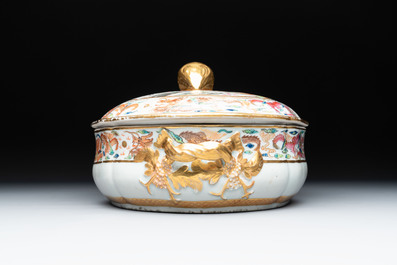 A Chinese Canton famille rose 'JFCB' monogrammed tureen and cover with narrative design, 19th C.