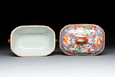 A pair of Chinese Canton famille rose 'mandarin subject' covered tureens and stands and a vase, Qianlong