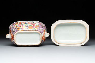A pair of Chinese Canton famille rose 'mandarin subject' covered tureens and stands and a vase, Qianlong
