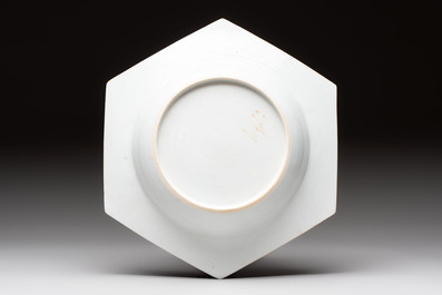 A rare Chinese famille rose hexagonal armorial soup plate with the arms of Jephson impaling Chase, Yongzheng, ca. 1735