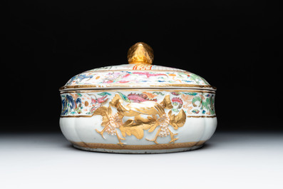 A Chinese Canton famille rose 'JFCB' monogrammed tureen and cover with narrative design, 19th C.