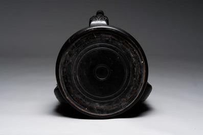 A large Chinese European-decorated blue and white fish bowl with narrative design, on a later wooden stand, Kangxi