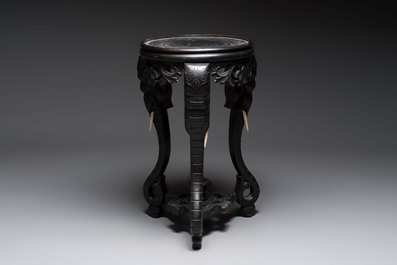A large Chinese European-decorated blue and white fish bowl with narrative design, on a later wooden stand, Kangxi