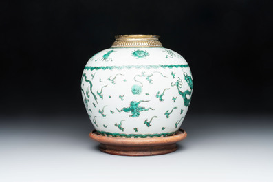 A Chinese green-enamelled 'dragon' jar mounted as a lamp, 18/19th C.