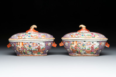 A pair of Chinese Canton famille rose 'mandarin subject' covered tureens and stands and a vase, Qianlong