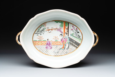 A Chinese Canton famille rose 'JFCB' monogrammed tureen and cover with narrative design, 19th C.