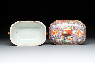 A pair of Chinese Canton famille rose 'mandarin subject' covered tureens and stands and a vase, Qianlong